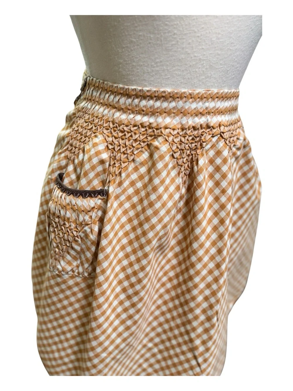 Vintage Gingham Tie-Waist Smocked Apron in Mustard and Brown trim